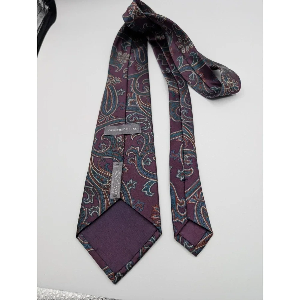 Geoffrey Beene Silk Tie Purple Teal Paisley Floral‎ Necktie USA Made